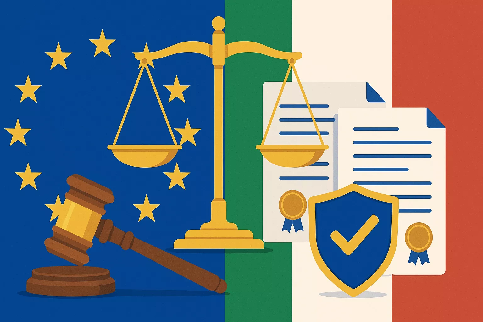 Aspetti legali delle scommesse online in Italia: bilancia della giustizia, bandiere UE e Italia, documenti legali
