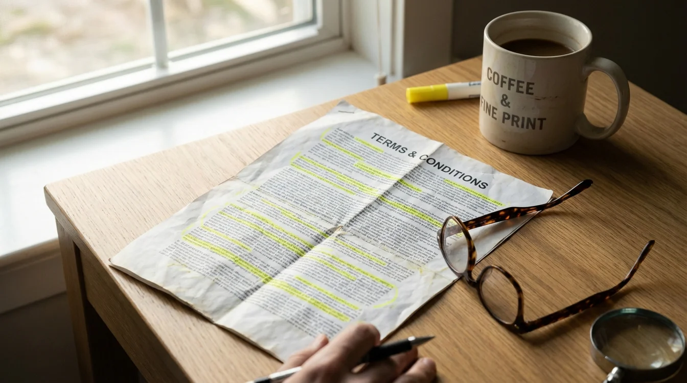 Documento con termini e condizioni e occhiali da lettura