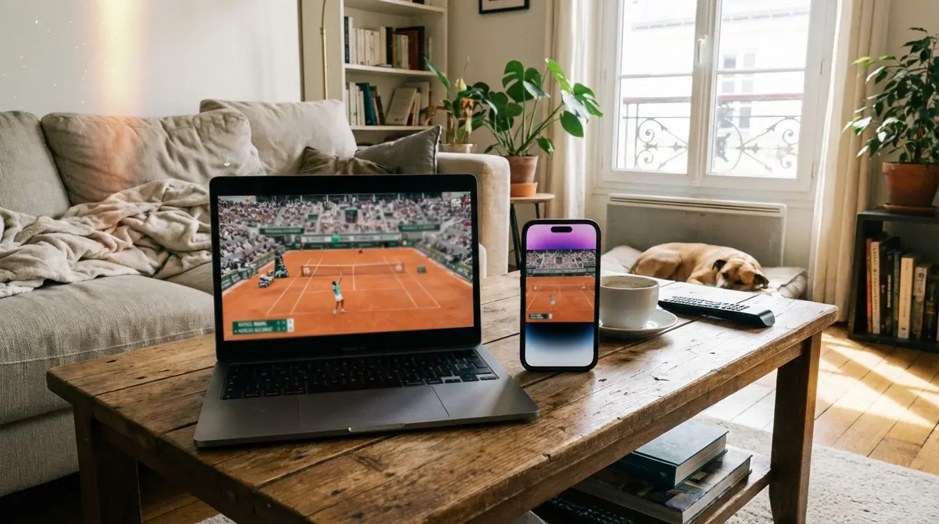 Laptop e smartphone che mostrano lo stesso streaming sportivo