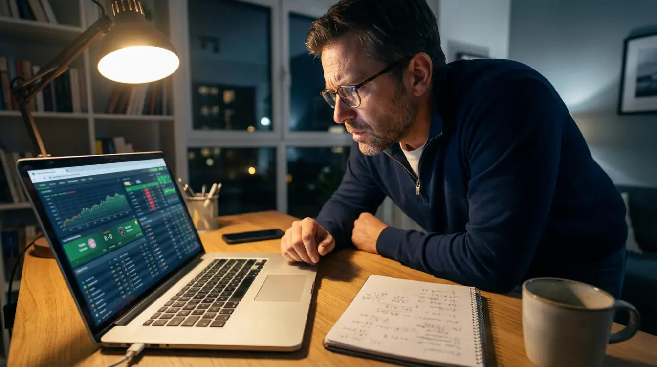 Persona concentrata che analizza statistiche su laptop durante evento sportivo