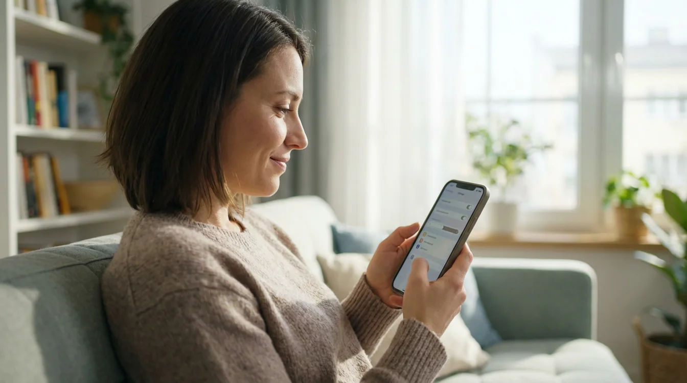 Persona che imposta limiti di gioco su smartphone con espressione serena