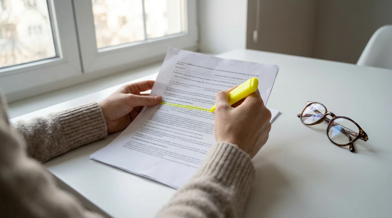 Mani che sfogliano pagine di un documento contrattuale con evidenziatore