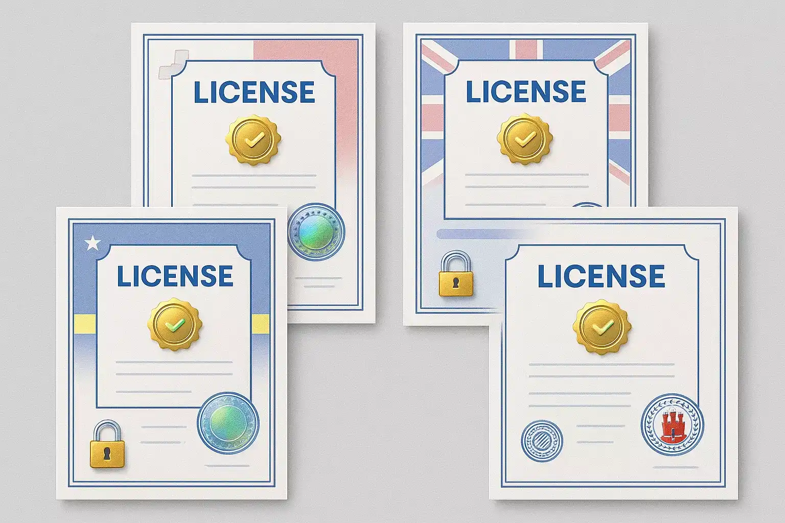 Licenze internazionali per bookmaker: certificati ufficiali MGA, UKGC, Curaçao con sigilli di verifica