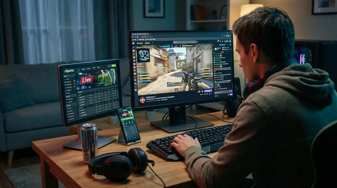 Persona che guarda streaming eSports su Twitch mentre scommette