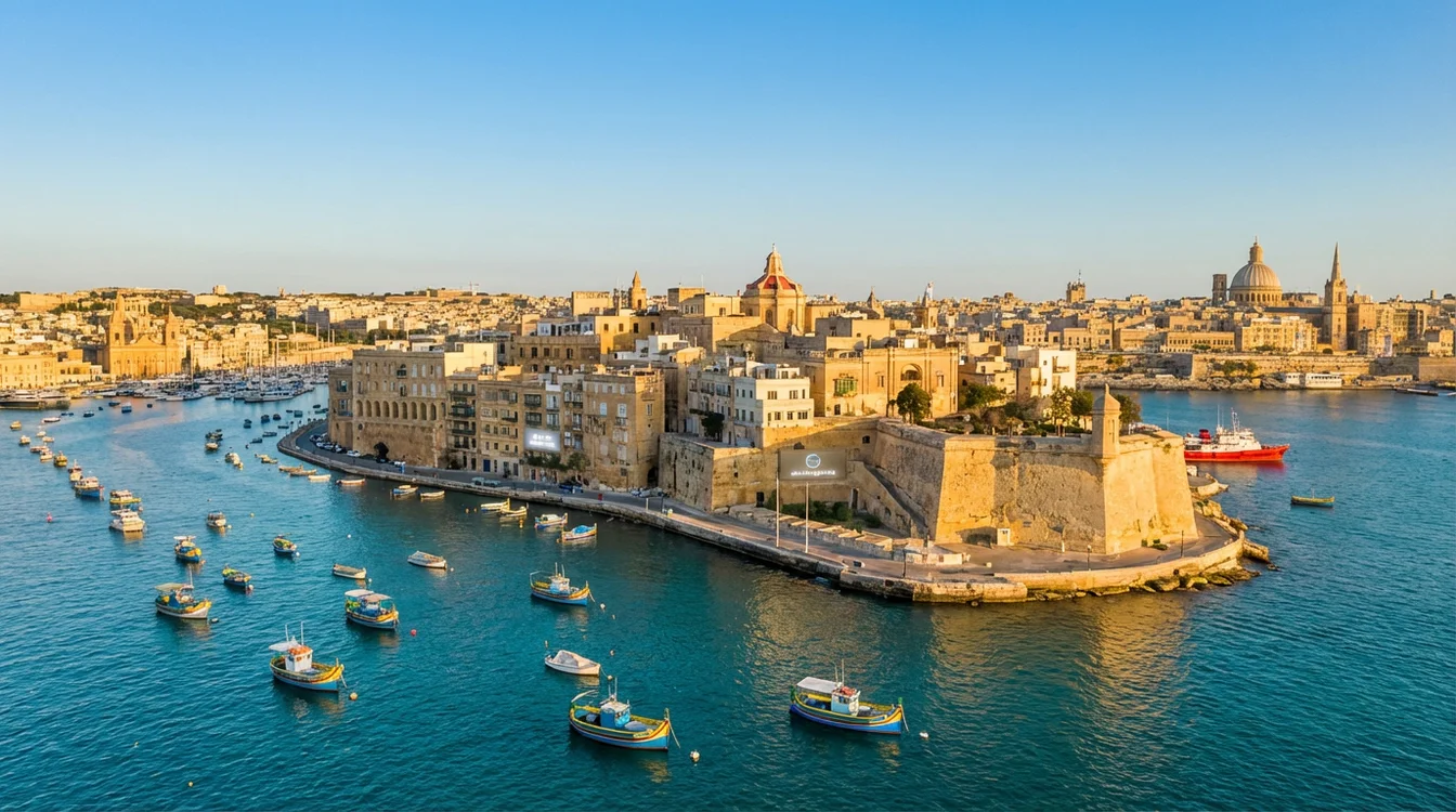 Vista panoramica del porto di La Valletta a Malta con edifici storici