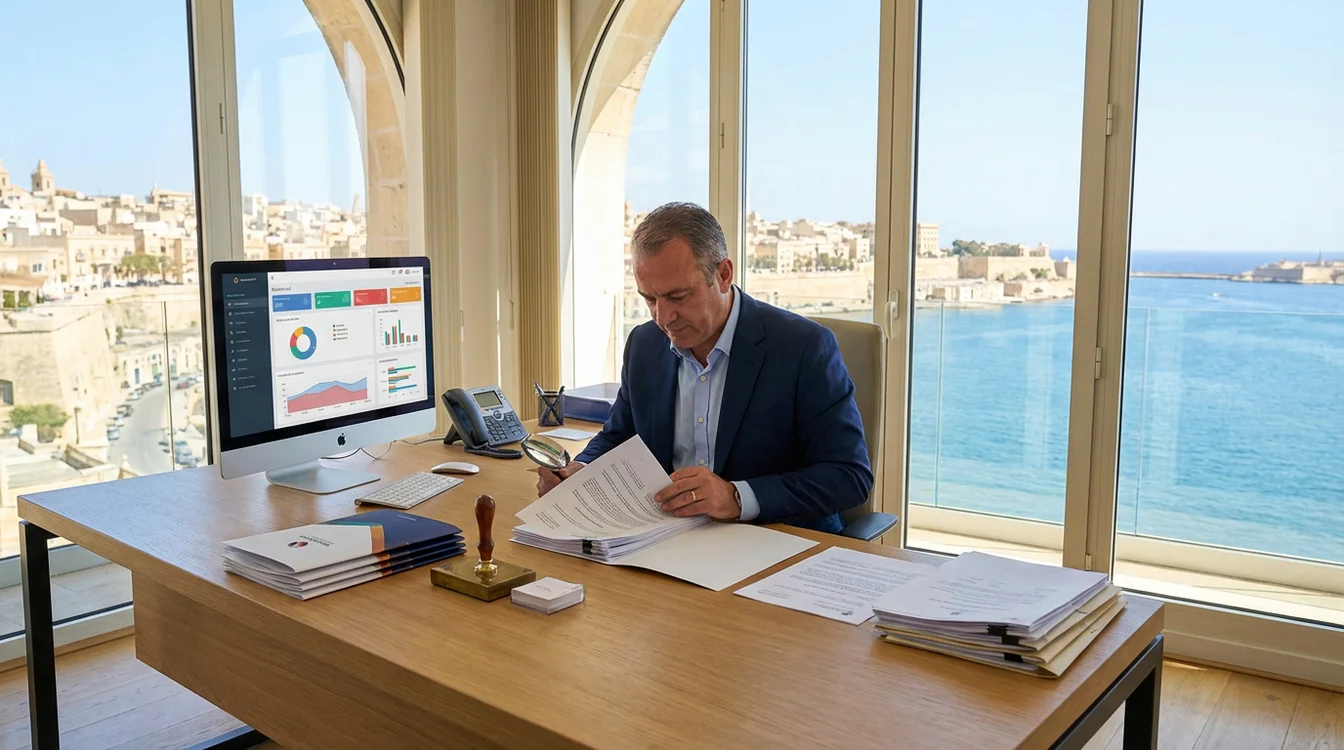 Professionista in ufficio che esamina documenti di licenza con computer