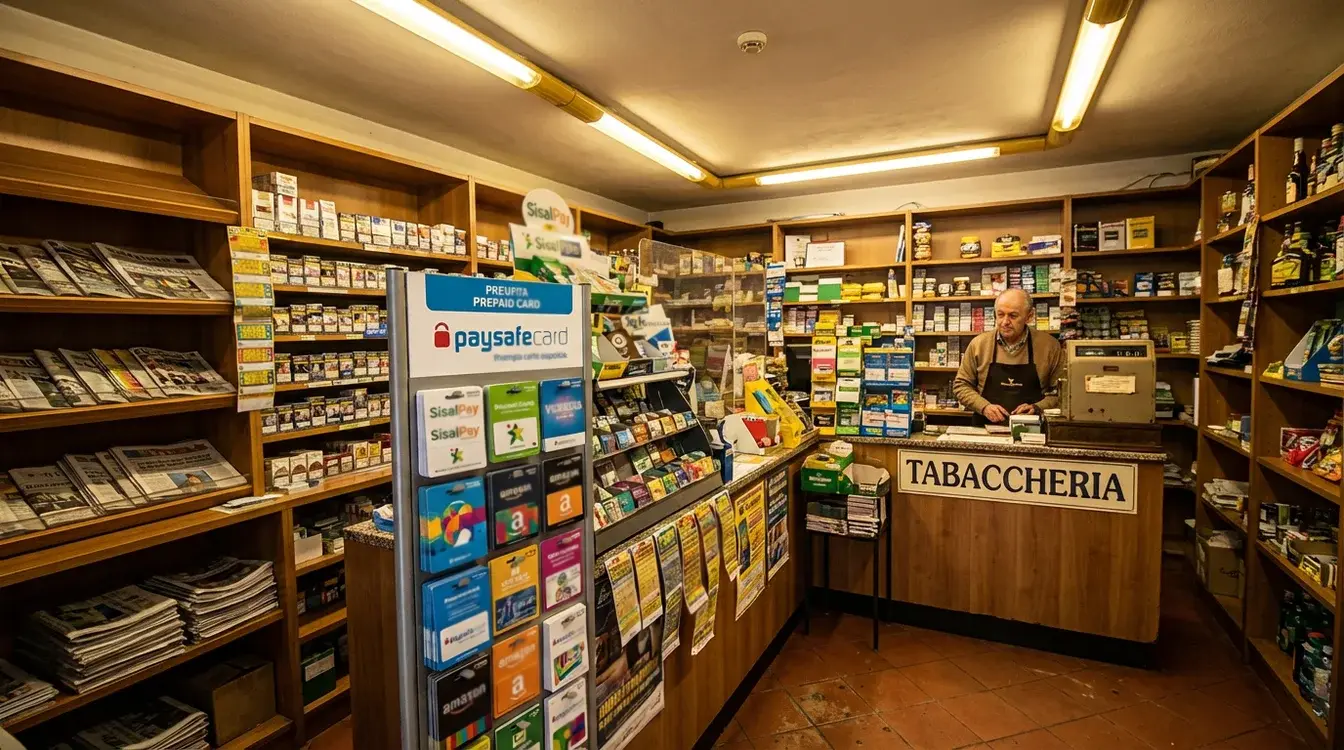 Interno di tabaccheria con esposizione carte prepagate e voucher