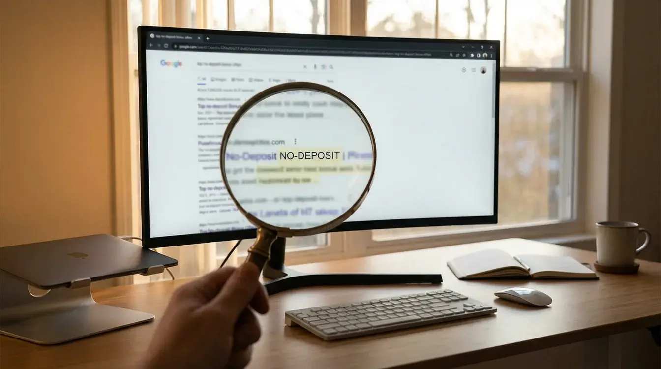 Schermo computer con ricerca di offerte bonus e lente di ingrandimento