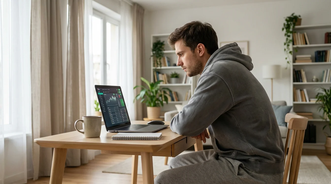 Persona che analizza siti di scommesse sul proprio laptop in ambiente domestico