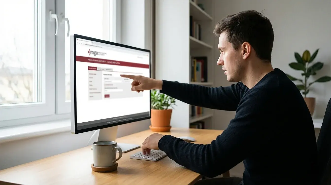 Persona che controlla informazioni di licenza sul sito ufficiale MGA da computer