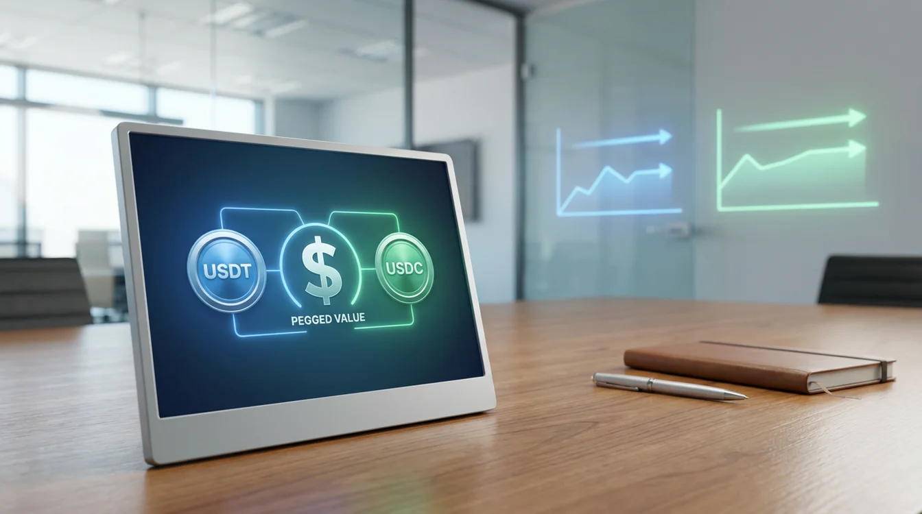 Rappresentazione grafica di stablecoin USDT e USDC ancorate al dollaro