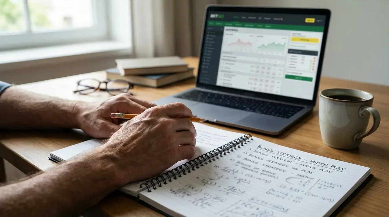 Persona che pianifica strategia di scommesse su notebook con appunti