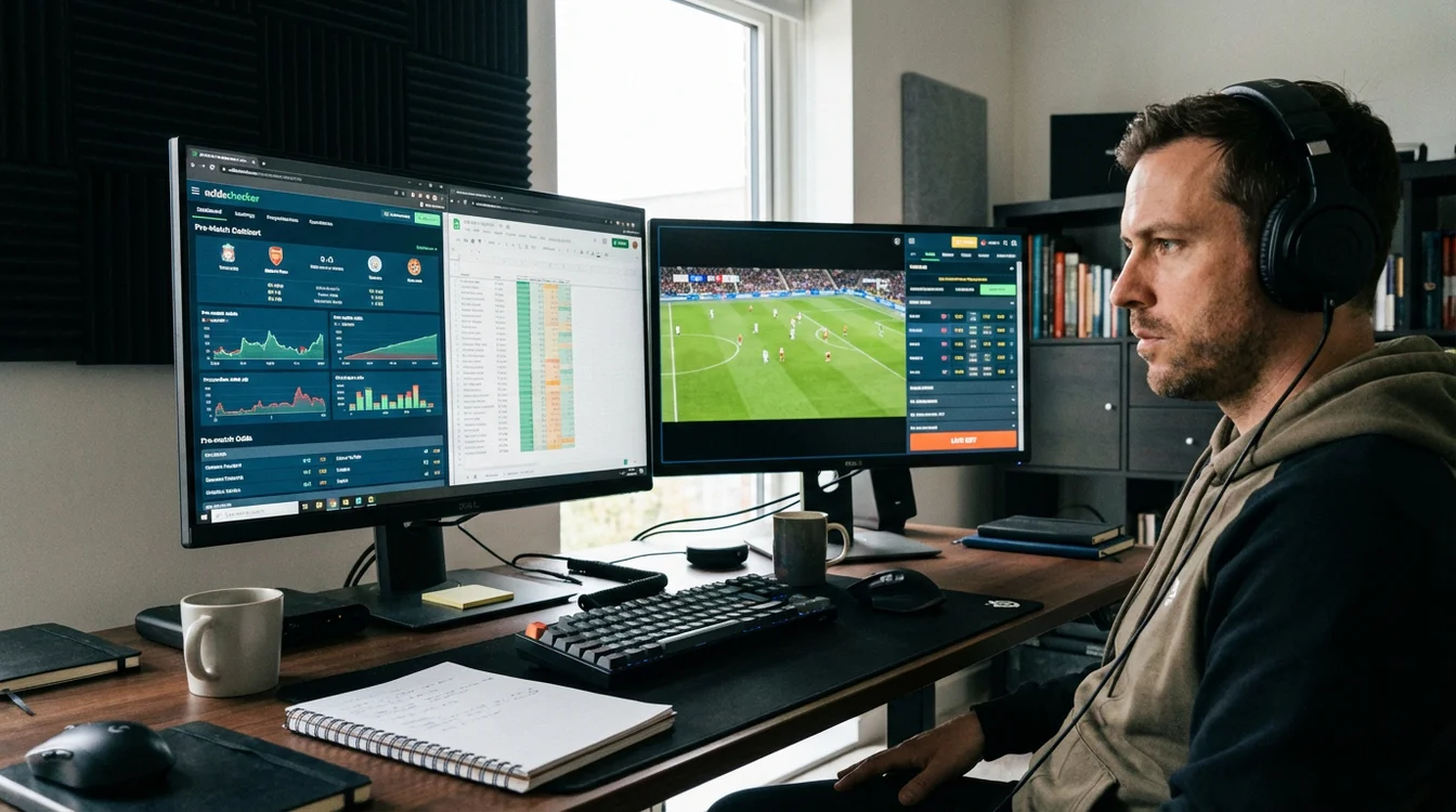 Persona che analizza sia quote pre-match che live su doppio monitor