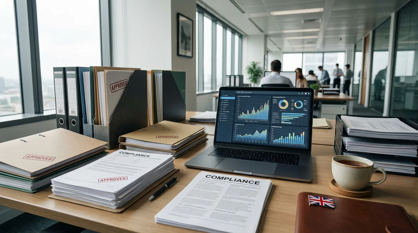 Scrivania con documenti ufficiali, timbri e cartelle di compliance aziendale