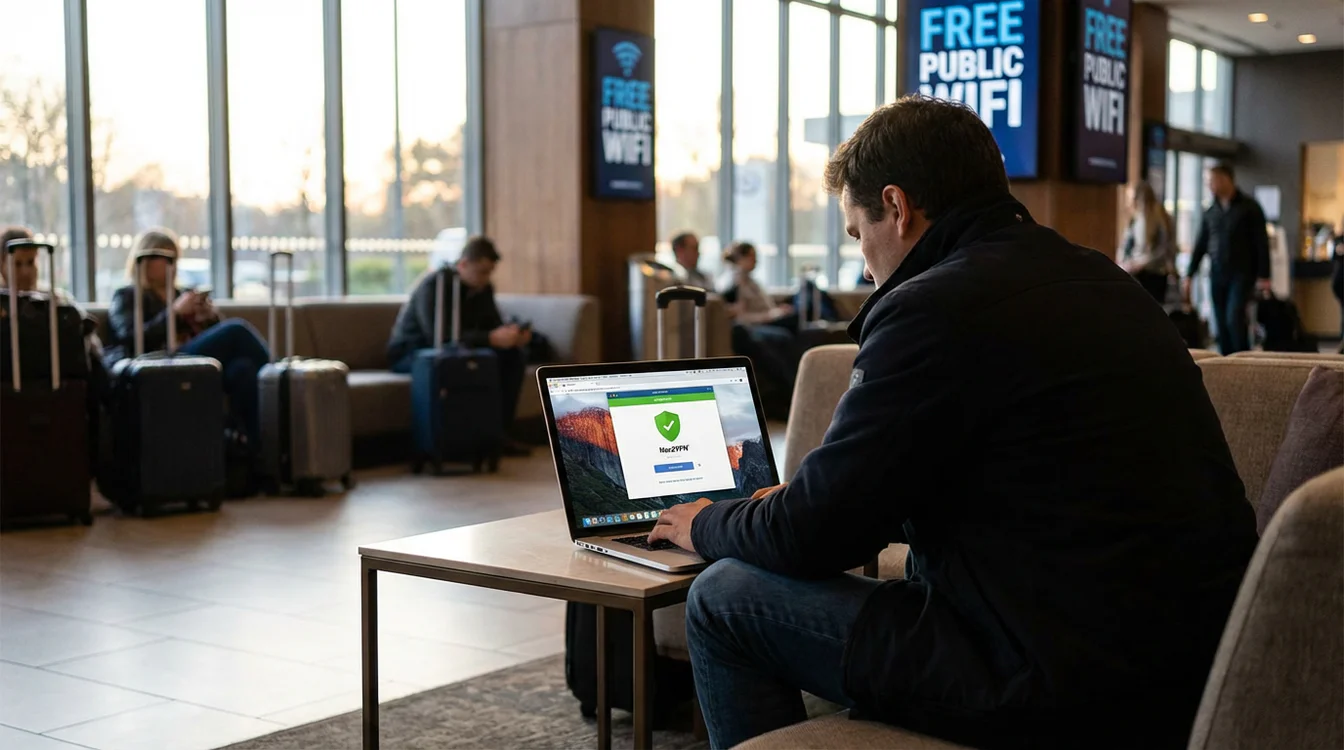 Persona che usa laptop in aeroporto con VPN attiva per sicurezza