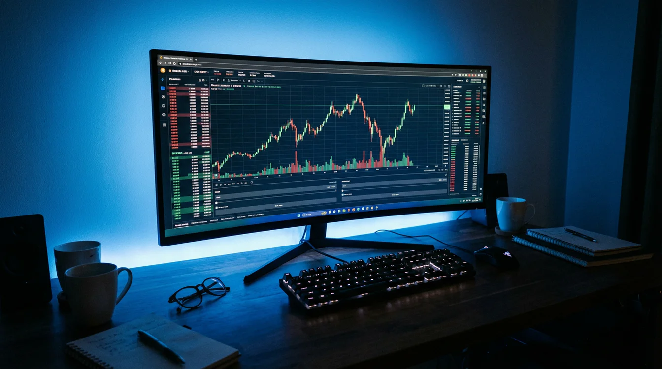 Schermo computer con grafico andamento prezzo Bitcoin e candele giapponesi