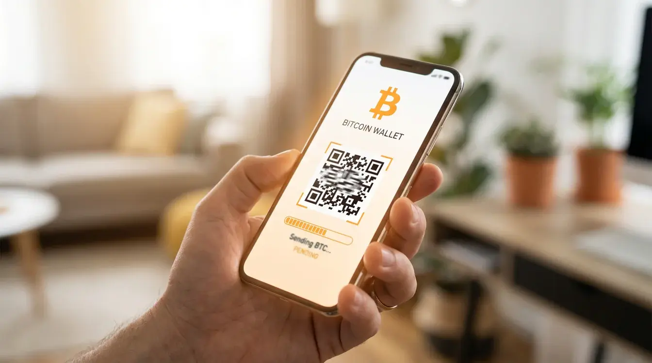 Mano che tiene smartphone con app wallet Bitcoin aperta
